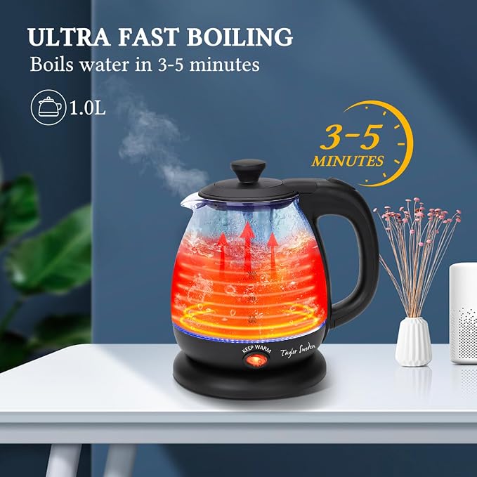 Taylor Swoden Electric Kettle with Tea Infuser, 1L, Black | Keep Warm, LED Light, Auto Shut-Off & Boil Dry Protection, BPA Free