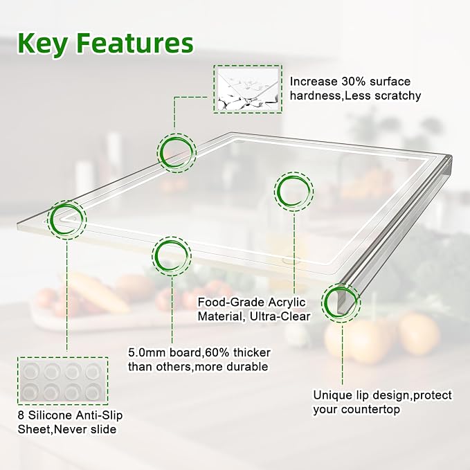 SWSKR Clear Acrylic Cutting Board with Juice Groove 17.5"x13.5" | Non-Slip Base, Clear Cutting Board with Counter Lip, Cutting Boards for Kitchen Countertop, Dough Mat, Kitchen Gadgets 2026