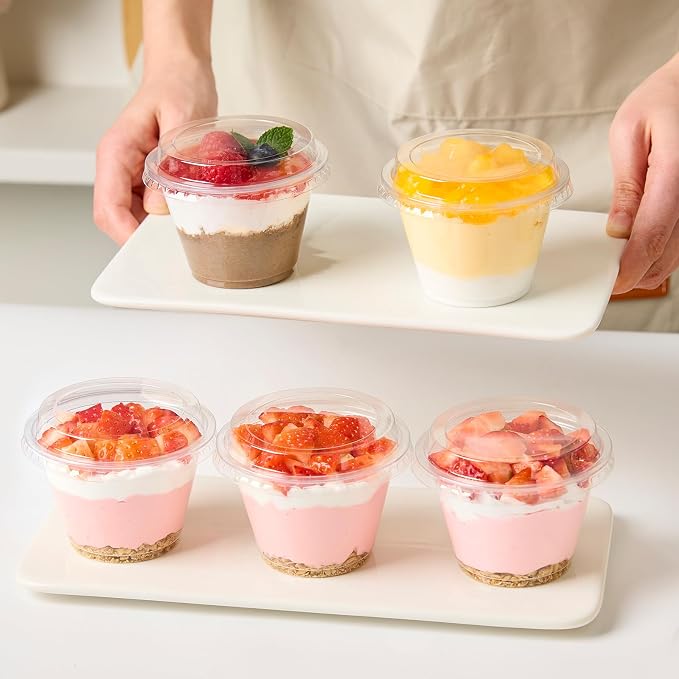 6 oz Plastic Dessert Cups with Lids, 100 Pack | Small Clear Parfait Cups, Mini Plastic Cups with Lids, for Cakes, Puddings, Fruits, Ice Creams, Dessert Shot Glasses, Bulk
