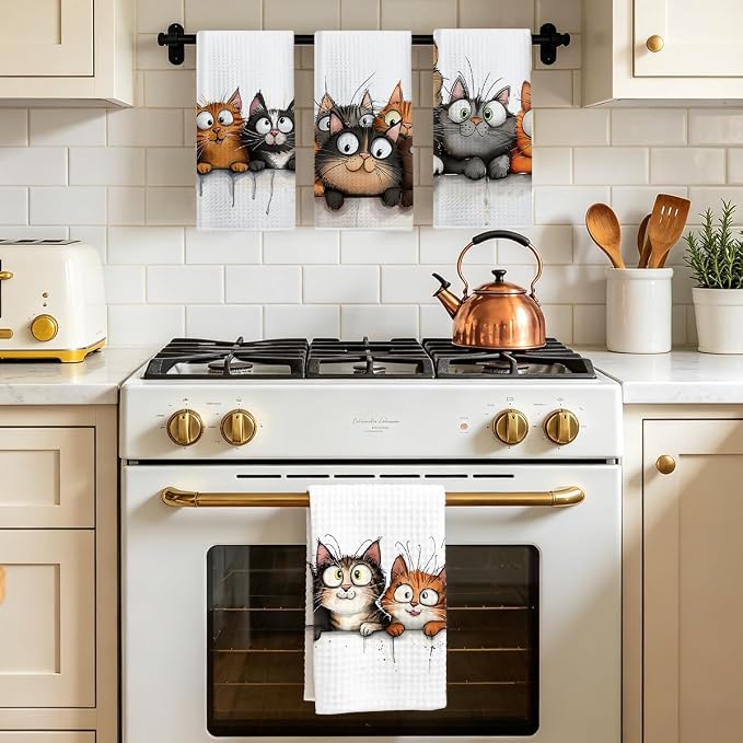Jztco 4 Pcs Cute Cat Kitchen Towels, Funny Cats Absorbent Hand Tea Towel | Cats Dish Cloths for Drying Dishes, Waffle Dish Towels for Kitchen Bathroom Decor, Cat Lover Gifts for Women Mom