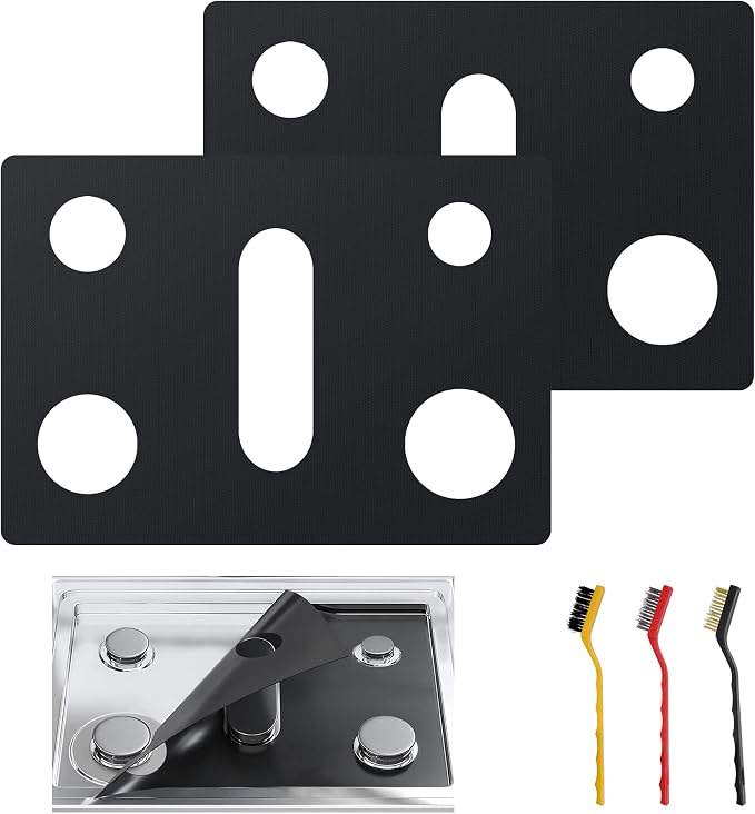 GCFG3060BF/GCFG3060BD 2pcs Stove Protector for Frigidaire Gallery Gas Range | Reusable Burner Splatter Stove Liner with 1 Spare Liner, Easy Clean, Fire Resistant Trimmable, Bonus 3 Cleaning Brushes