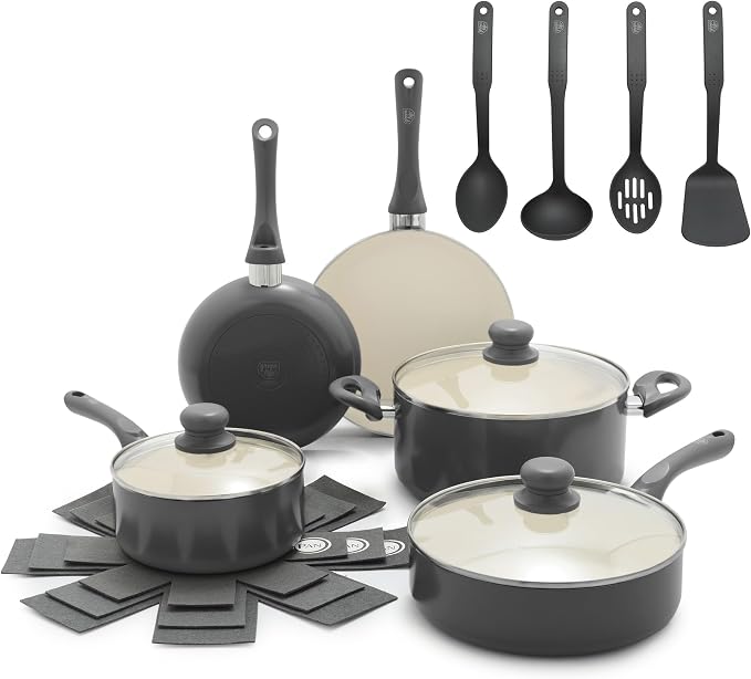 GreenLife 16pc Ceramic Nonstick Pots & Pans Cookware Set, Graphite Black | PFAS-Free Nonstick Coating, Stockpot, Frying Pans, Saucepan, Sauté, Induction Ready, All Stovetop Compatible, Dishwasher Safe
