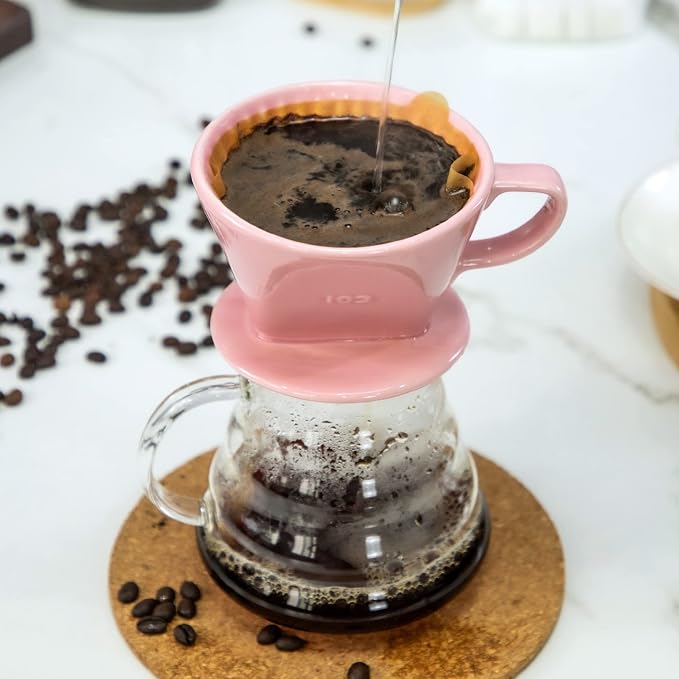 Pour Over Ceramic, Coffee Dripper Ceramic Coffee Maker,Pink | 3 Holes Flat Bottom, Porcelain Slow Filter Cone for Travel, Camping, Office, Home, Coffee Maker Brew