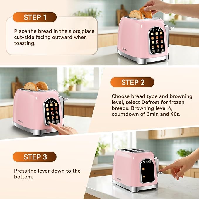 RONGBEST Retro Toaster 2 Slice Stainless Steel with Wide Slot Touchscreen for Breakfast Bagel & Bread, Reheat & Defrost, 6 Browning Levels, Removable Crumb Tray, Blush Pink