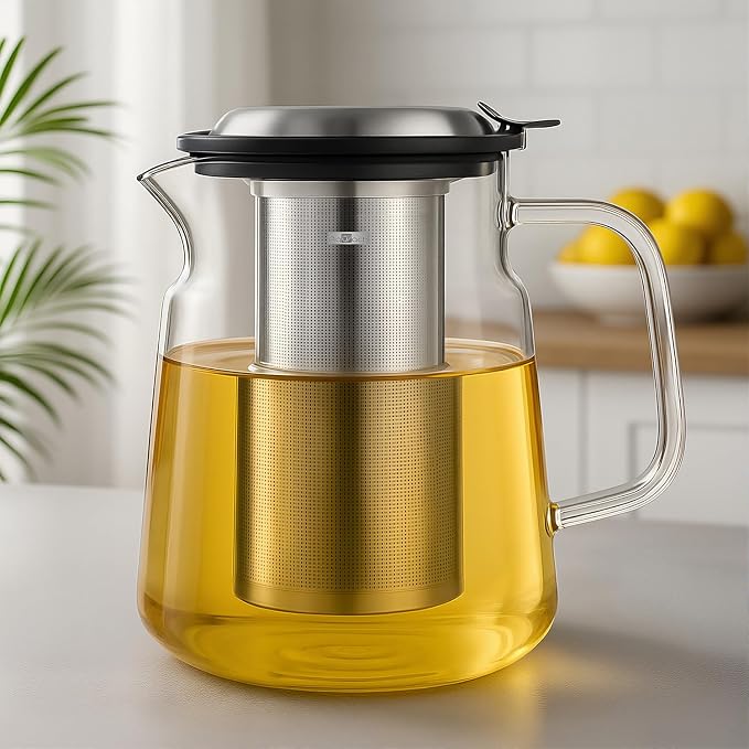 Aquach 57oz Glass Tea Pot with Infuser, Stovetop Safe Borosilicate Teapot | Dishwasher Safe, Plastic-free, Daily Sharing Size, Precise Loose Leaf Filter, Easy-clean