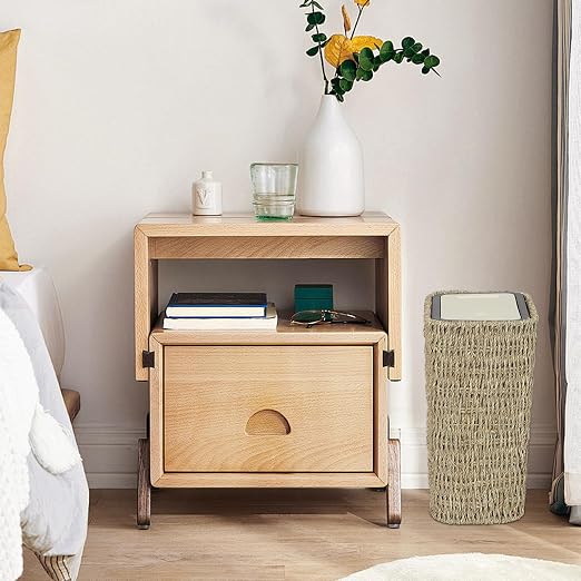 Trongee Boho Trash Can with Lid,3 Gallon Small Rattan Trash Can with Press Top Lid,Slim Wicker Waste Basket and Hamper 2 in 1 for Bathroom,Seagrass Woven Garbage Can Trash Basket for Bathroom,Kitchen