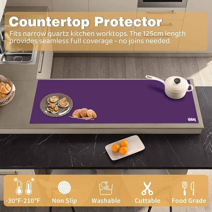 49.2" x 15.7" Large Silicone Mat for Kitchen Counter Protector, Cuttable | Silicon Countertop Protector Mat Heat Resistant Mats for Countertop, Cut to Fit Placemat Ship Roll by Foepoge, Purple