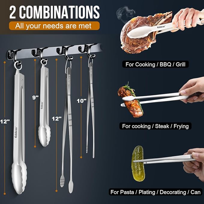 Tongs For Cooking Up To 600°F Metal Kitchen Tweezers Tongs 12", 9 in | Heat Resistant 600 Degrees, Heavy Duty Stainless Steel Cooking for Food, Grill, BBQ, Dishwasher safe Set of 4
