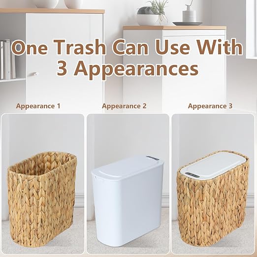 Trongee Boho Kitchen Trash Can with Lid,3.5 Gallon Automatic Small Rattan Trash Can,Slim Wicker Motion Sensor Garbage Can and Hamper 2 in 1 for Bathroom,Narrow Waste Basket for Office, Living Room