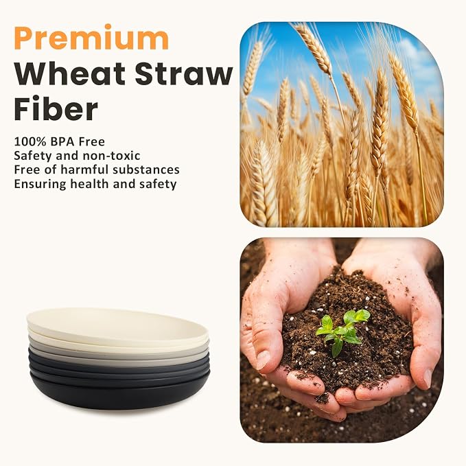 Premium Wheat Straw Dinner Plates, Reusable 8 PCS Unbreakable Plates 10 inch Plate Set, Alternative Plastic Plate Microwave and Dishwasher Safe Plates Set for Home - GreyStone