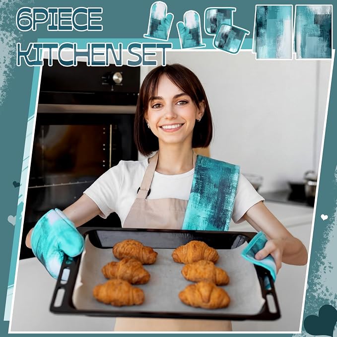Bencailor 6 Pcs Teal Kitchen Accessories Teal Kitchen Towels Pot Holders and Oven Mitts Turquoise Farmhouse Cooking Mittens Oven Glove and Potholder for Baking Cooking Grilling Supply Accessories