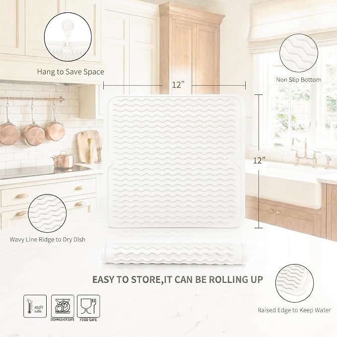MicoYang Silicone Dish Drying Mat for Multiple Usage,Easy clean,Eco-friendly,Heat-resistant Silicone Mat for Kitchen Counter or Sink,Refrigerator or Drawer liner White M 12 inches x 12 inches