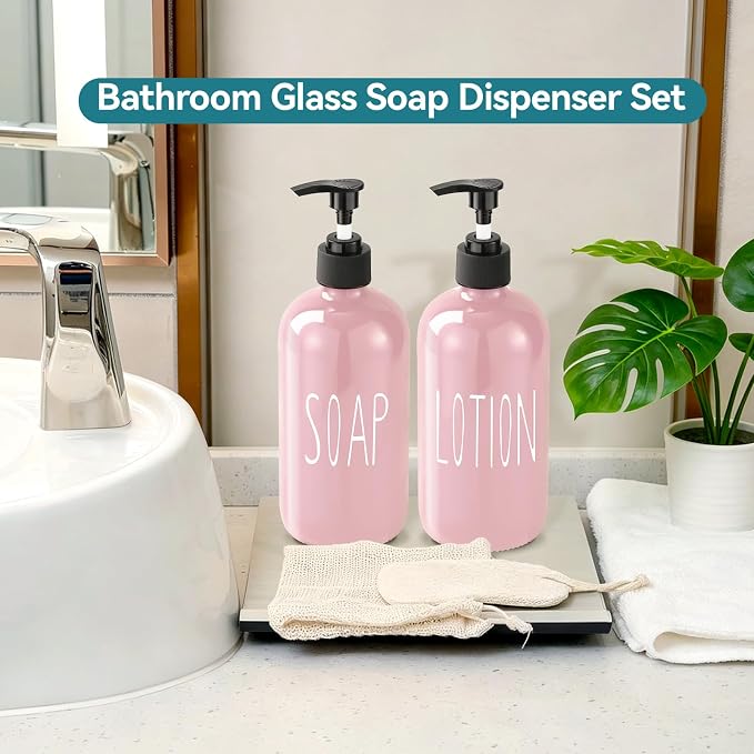 COHOSEGE Glass Soap Dispenser Set 2 Pack,16 Oz Hand Soap Dispenser for Bathroom,Pink Kitchen Accessories and Bathroom Decor,Soap and Lotion Dispenser Set for Bathroom