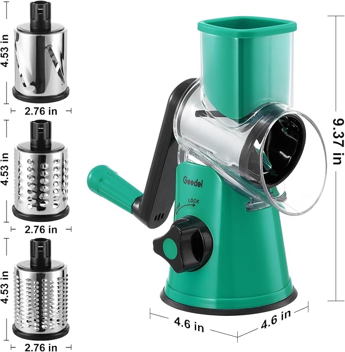 Geedel Rotary Cheese Grater Hand Crank, Cheese Shredder Vegetable Slicer | 3 Blades, 430 Stainless Steel, 12x Fast Cutting, Strong Suction Base, No BPA, Dishwasher Safe, for Cheese, Veggie, Nut