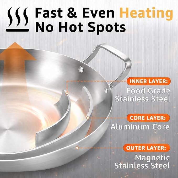 Inqibee 12 Inch Stainless Steel Paella Pan with Lid | Large Frying Pan with Double Riveted Handles, Wide Shallow Paella for Stovetop, Induction Compatible, Dishwasher & Oven Safe