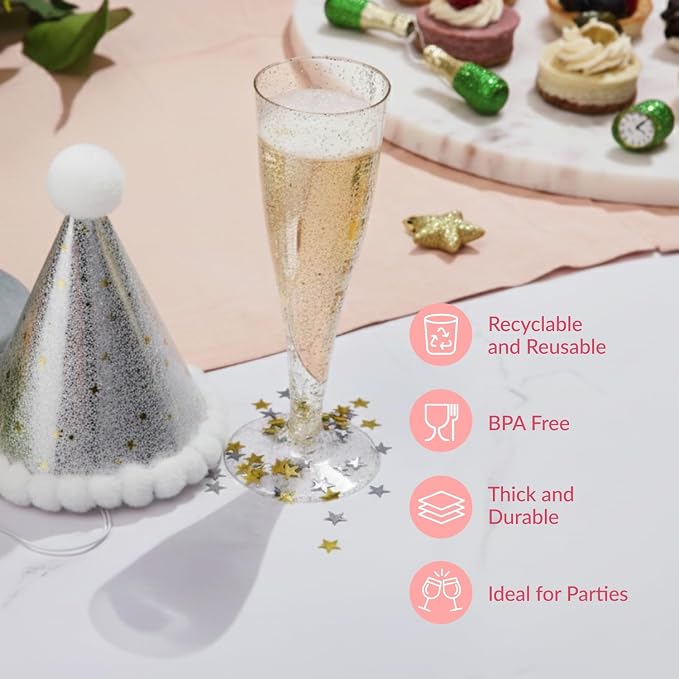 Prestee 100 Gold Plastic Champagne Flutes - 4.5 oz Disposable Champagne Glasses for Toasting at Weddings, Mimosas, Cocktails, Great Gatsby Party Decorations, and Events