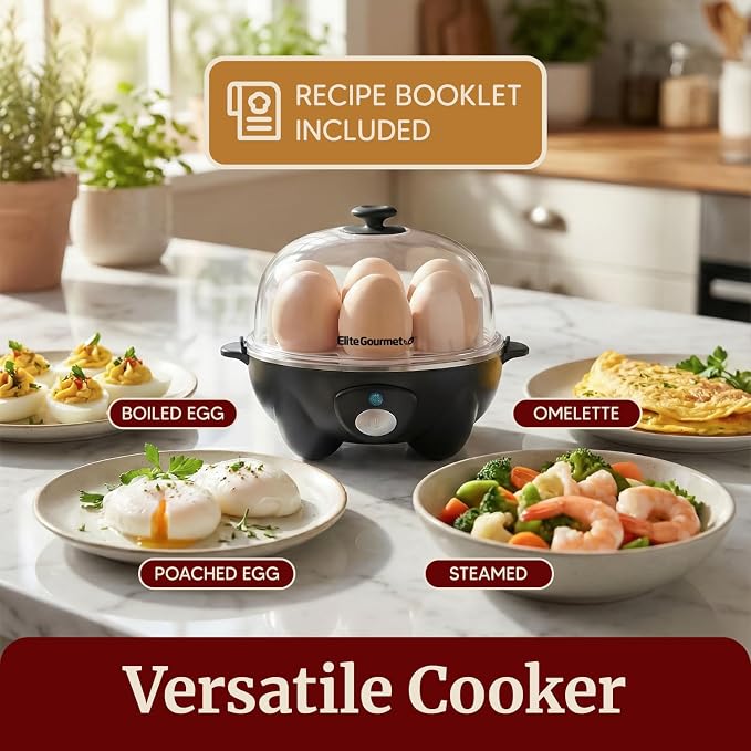 Elite Gourmet EGC-007B Rapid Egg Cooker, 7-Egg Poacher/Omelet Maker, Black | Easy-to-peel hard, medium, or soft-boiled eggs - auto shut-off, alarm, 16-recipe booklet included