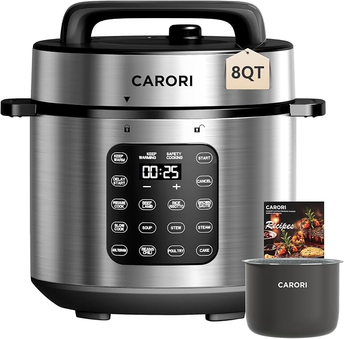 CARORI 9-in-1 Electric Pressure Cooker, 1200W Instant Multi-Cooker with IMD Touchscreen, Olla de Presion, Non-Stick Pot, Rice Cook, Slow Cook, Steamer, Sauté, Warmer, Safe Venting, Silver 8 Qt