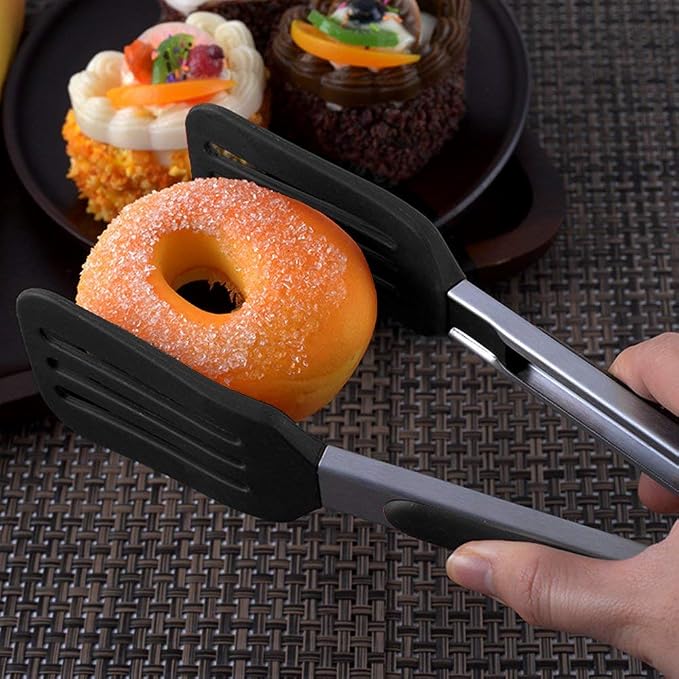 3 PCS Stainless Steel & Silicone Cooking Tongs Set (7", 9", 12") | Heat Resistant, Non-Stick, Locking Handle, Dishwasher Safe, for Grilling Steak Salad Pasta Buffet Serving, Black