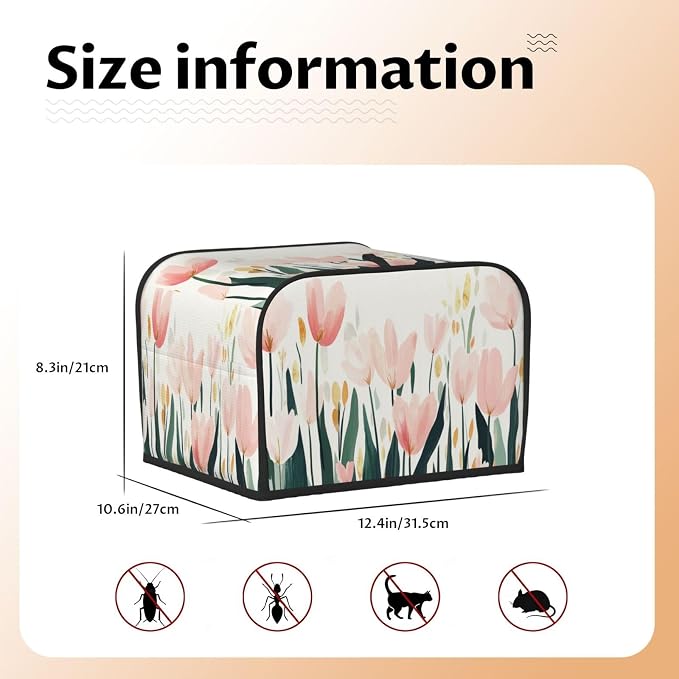 4 Slice Toaster Cover Tulip Flower Watercolor Dust Proof Washable Kitchen Appliance Cover with Pocket, Oxford Fabric Countertop Toaster Protector for Standard Toasters Small Appliances