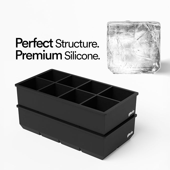 Ice Cube Molds, 2 Pack Silicone Trays for 8 Large Square Cubes | Slow Melt Large Squares, Flexible Silicone Trays, Easy Release, 2 Pack, for Whiskey Cocktails Coffee & More