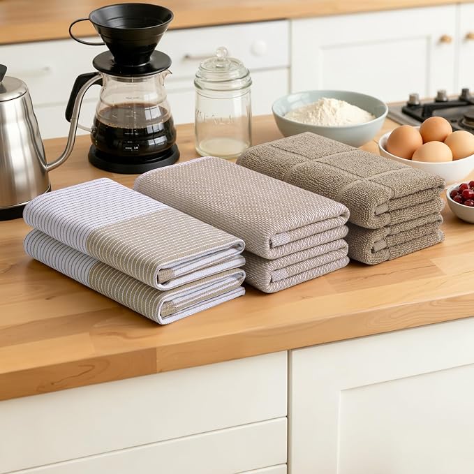 Homaxy 6 Pack Cotton Terry Premium Kitchen Towels, 18 x 28 in, Khaki | Large 380 GSM Dish Towels, Highly Absorben Flat & Terry Kitchen Hand Towels, Soft Utility Tea Towel Set with Hanging Loop