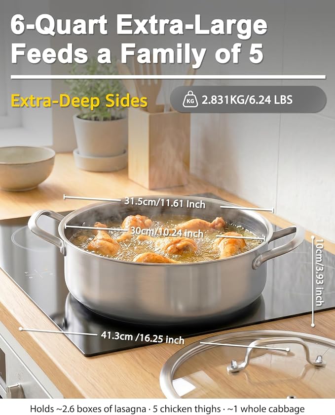 LOLYKITCH 6 QT Saute Pan with Lid & 8'' Frying Pan Set | Detachable Handle | Ceramic Nonstick | Tri-Ply Stainless Steel | Hybrid Cookware Set | Oven & Induction Ready | PFOA-FREE | For Searing Frying