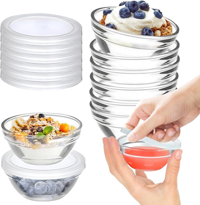 6 Pack Mini 3 Inch Small Glass Bowls with 12 Pack Lids | 2.5 oz Clear Glass Pinch Bowls, Condiment Containers, for Dips, spices, jams, Meal Prep Bowls