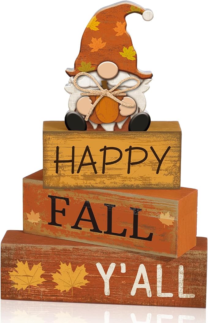 Lineshading 4 Pcs Fall Table Decor Wooden Block Signs with Gnome Set | Farmhouse Home Tiered Tray Pieces, Happy Fall Y'all Sentiment with Pumpkin Gnome, Rustic Thanksgiving Centerpiece