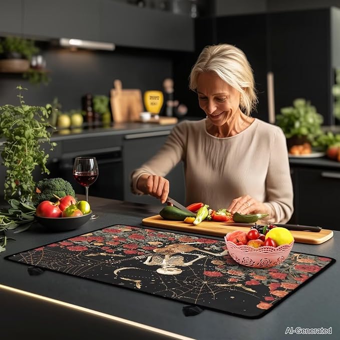 Halloween Skeleton Rose Cover for Electric Stove, Induction Cooktop Protector, Non-slip Dust-proof Dish Drying Mat, Portable tove Guard Protector, Heat Resistant Insulation Pad
