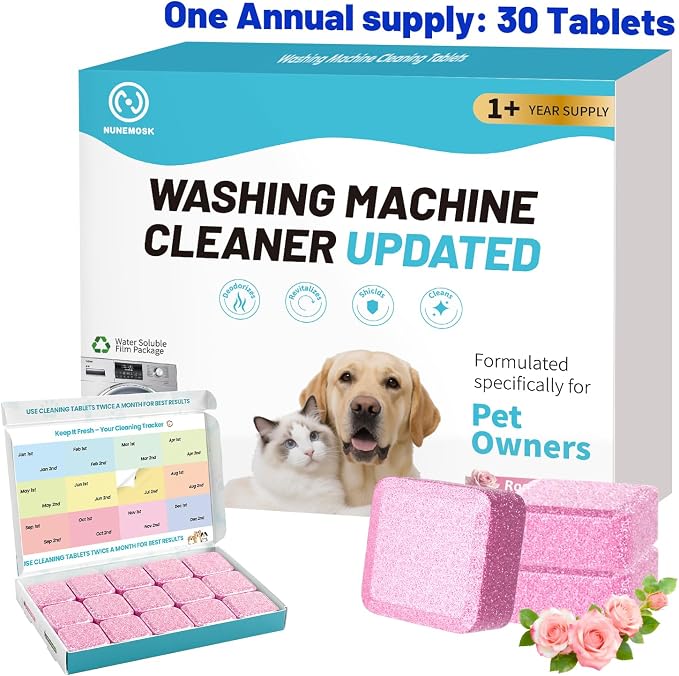 Washing Machine Cleaner,Formulated for Pet Owners,Pink 30 Pack | 1+Year Supply,Compatible with HE, Top & Front Load Washer,Septic Safe,Fresh Scent,Removes Residue,Remove Stubborn Pet Hair
