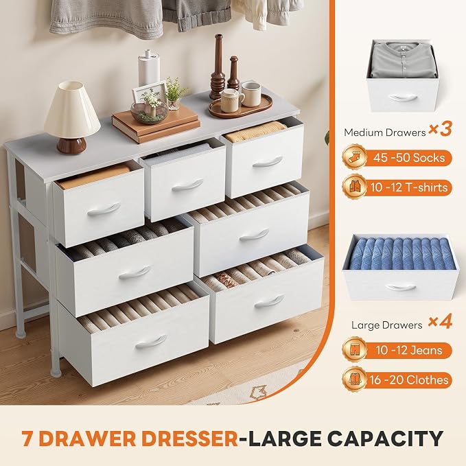 Sweetcrispy 7 Drawer Dresser for Bedroom Storage with Fabric Bins, White | Anti-Tip Closet Organizer, Wooden Top and Sturdy Steel Frame, Spacious Drawers for Clothes Storage, Hallway Entryway