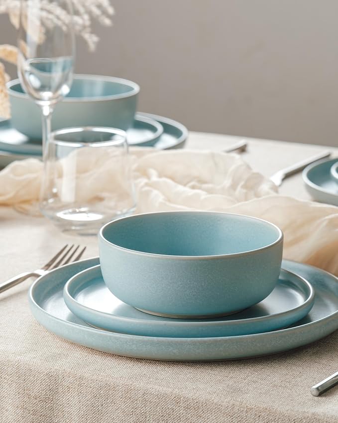 Famiware Milkyway 12-Piece Stoneware Dinnerware Set, Light Blue | Plates and Bowls for 4, Reactive Glaze Dish Set, Microwave & Dishwasher Safe, Chip & Scratch Resistant