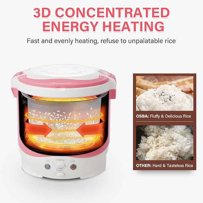 OSBA 12V Rice Cooker for Car 1L Mini Rice Cooker with Steamer, Pink | 2Cup Portable Travel Rice Cooker for 1-2 People, Cooking Heating & Auto Keeping Warm Function, Used as an Electric Lunch Box