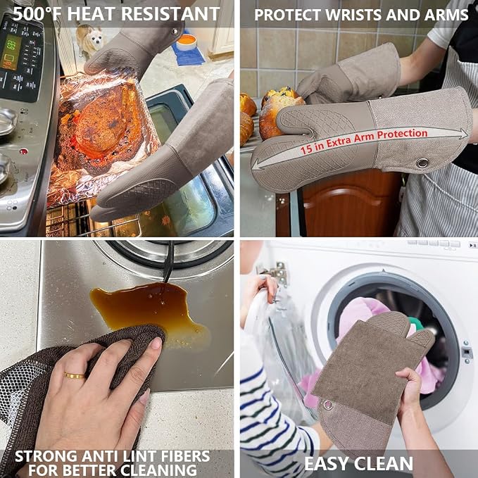 Professional Microwave Silicone Oven Mitts one Pair, Kitchen Mitten Set | Heat Resistant with 500 Degrees Oven Gloves Pot Holder for BBQ Cooking Baking (Khaki)