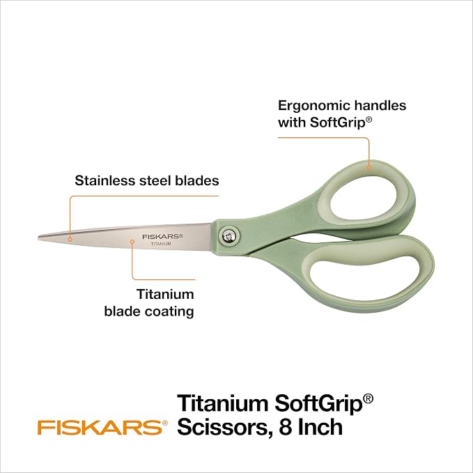 Fiskars 8” SoftGrip Titanium All Purpose Scissors for Office, 3-Pack | Ergonomic Handles for Everyday Cutting Tasks, Multipurpose Sharp Scissors for Home, Office, Crafts, Multicolor