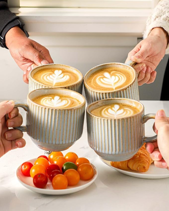 HASENSE Coffee Mug Ceramic Set of 4 with Stand - 15 oz Rustic Farmhouse Stackable Ribbed Latte Cup Set for Cappuccino, Tea, Hot Cocoa, Drinks - Dishwasher & Microwave Safe, Lavender Gray