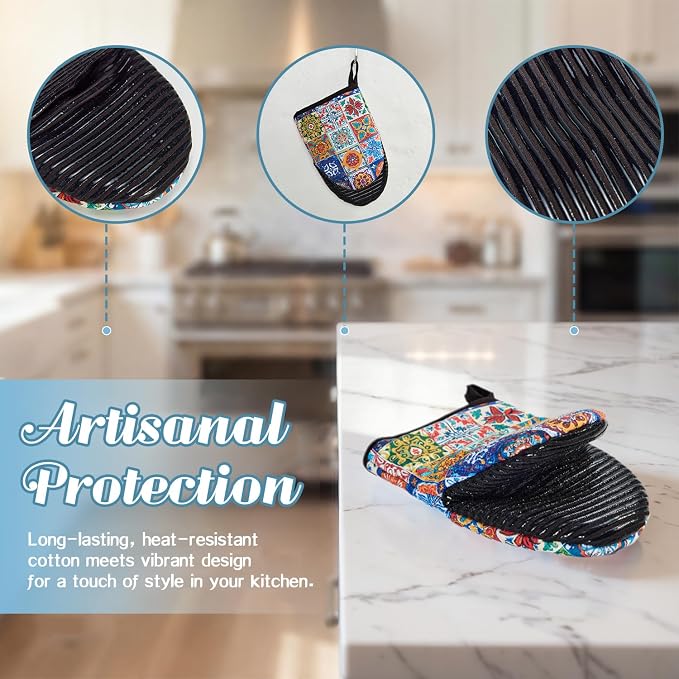 Ribbed Mini Oven Mitts 2-Pack Set, 5.5"x8.5", Boho Printed, Heavy Duty Cotton, Non-Slip Heat Resistant Soft Silicone Oven Mitts with Hanging Loop for Cooking Kitchen Decor