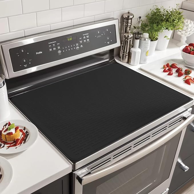 Stove Top Cover for Electric Stove- Range Covers for Electric Stove,Silicone XXL Dish Drying Mat, Glass Cooktop Covers, Flat RV Range top Mats (Black, 36"x21")