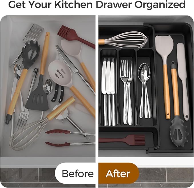 ukeetap Extra Large Expandable Silverware Organizer, Flatware Tray, Black | BPA-Free Food-Safe Kitchen Utensil Cutlery Drawer Organizer, Adjustable Silverware Holder for Spoons Forks Knives