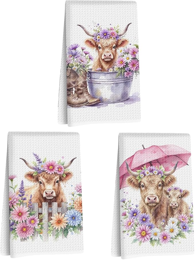Jztco 3 Pcs Cow Kitchen Towels, Colorful Flower Soft Absorbent Hand Towels | Cow Gifts for Women Grandma Mom, Microfiber Dish Cloths for Drying Dishes, Waffle Dish Towels for Kitchen Bathroom Decor