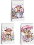 Jztco 3 Pcs Cow Kitchen Towels, Colorful Flower Soft Absorbent Hand Towels | Cow Gifts for Women Grandma Mom, Microfiber Dish Cloths for Drying Dishes, Waffle Dish Towels for Kitchen Bathroom Decor