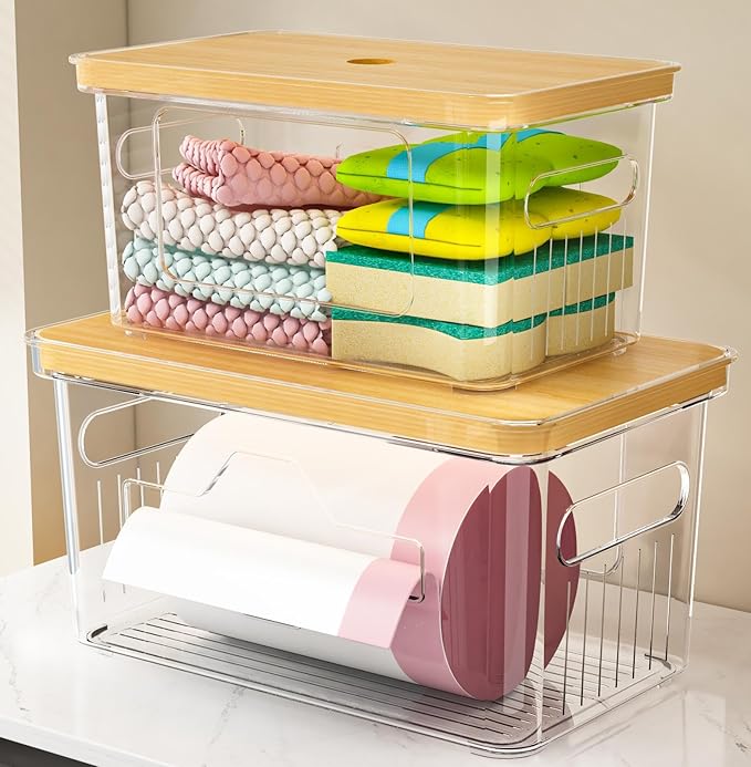 2 Pack Trash Bag Holder with Bamboo Lid, Stackable Garbage Bag Dispenser Under Sink, Storage Organizer for Kitchen, Laundry, Pantry