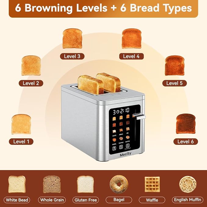 Mecity 2 Slice Toaster Smart Touchscreen, Stainless Steel Wide Slot Toasters Defrost, Reheat, Memory Function, Auto Shutoff, Digital Electric Bread Toaster for Bagel Muffin Waffle, 120V