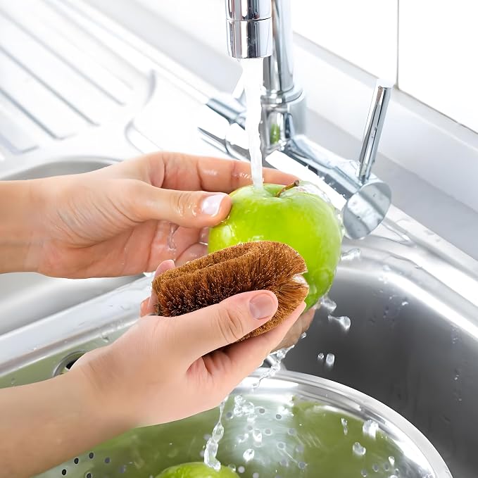 Tawashi Vegetable Brush Set, 100% Natural Coconut Coir Scrub Brushes for Fruits & Vegetables Pack of 2, Japanese Kamenoko Design, Eco-Friendly Kitchen Cleaning Brushes with Hanging Loop