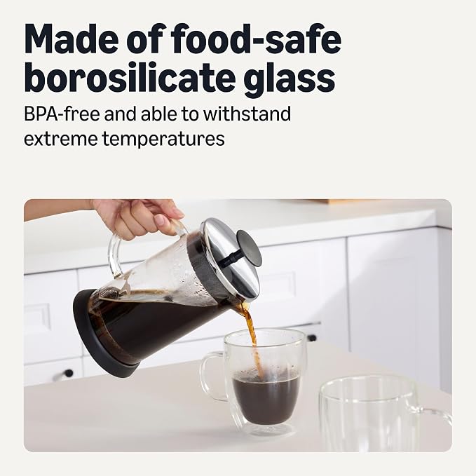 Amazon Basics French Coffee Press, 34 oz., Borosilicate Glass, BPA-Free, Triple Filtration System, Dishwasher-Safe Parts