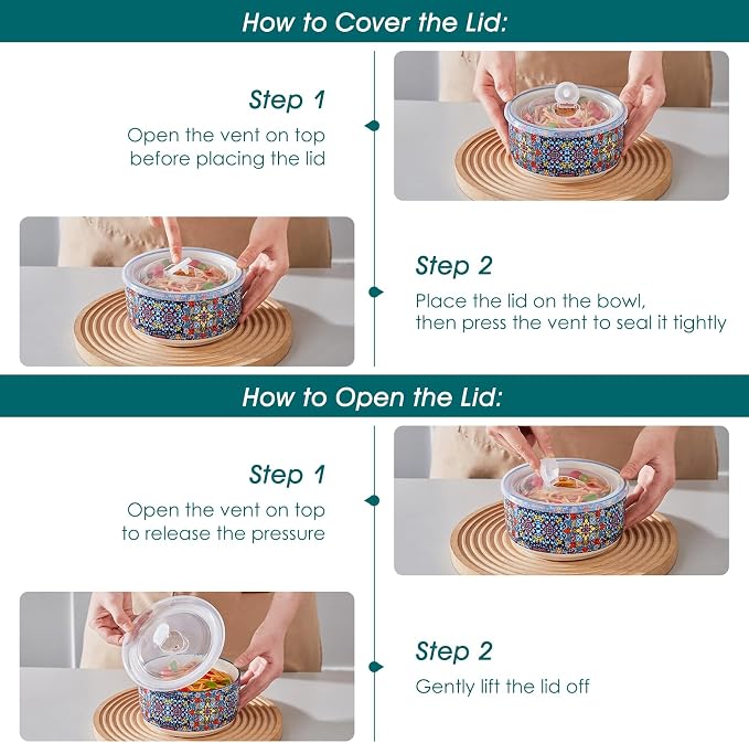 vancasso SIMI Serving Bowls with Lids, Ceramic Mixing Bowls Set of 4, Boho | Nesting Bowls for Food Storage, Prep, Stackable Bohemian Bowls, Dishwasher & Microwave Safe Gift Set, 60/36/20/10 OZ