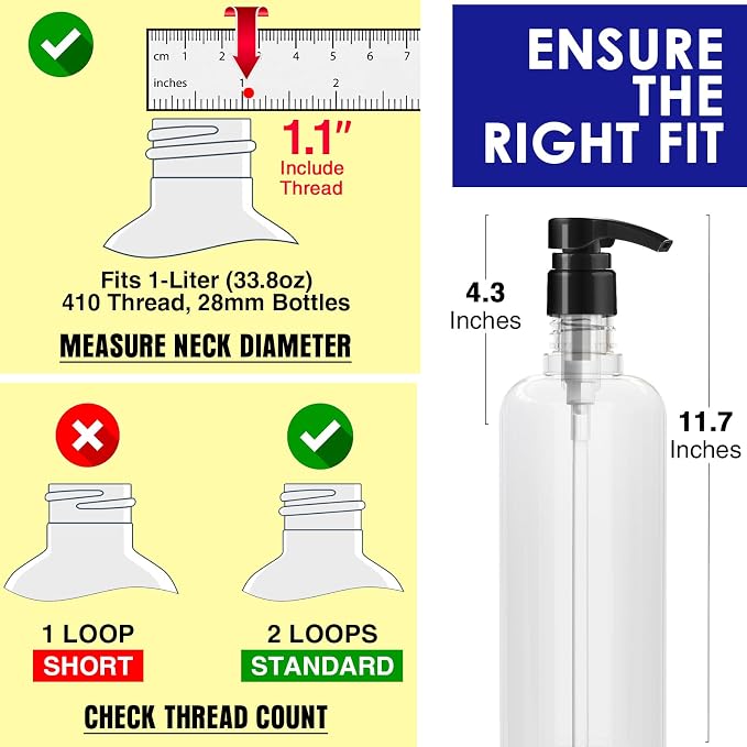 2pcs Shampoo Pump for 33.8 oz Bottle,Black & White Liter Shampoo Dispenser | Fits 1.1 inch Opening, Salon Bottles, Replacement Pump Top, For Shampoo and Conditioner, Hair Product, Body Wash, Lotion