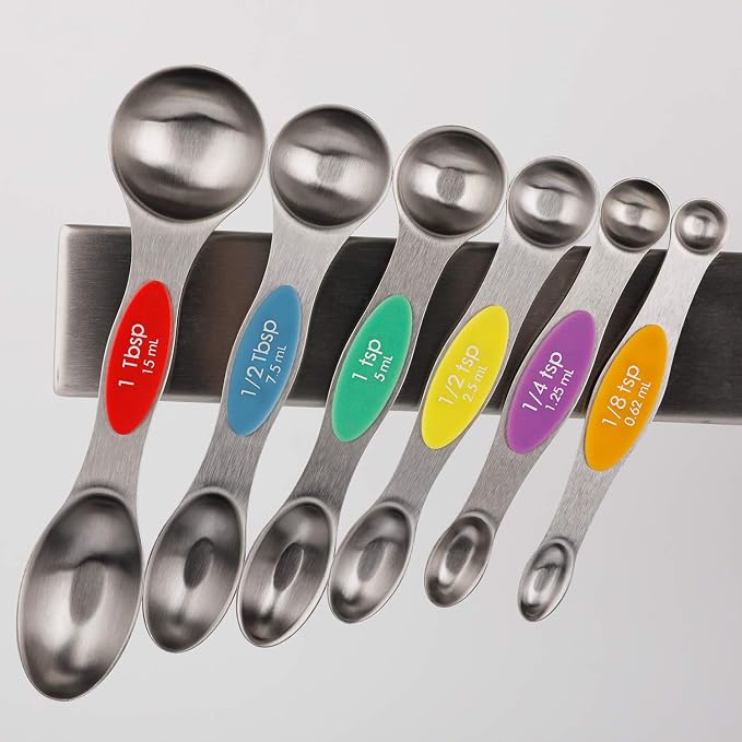 Magnetic Measuring Spoons Stainless Steel Dual Sided Teaspoons Tablespoons | for Measuring Dry and Liquid Ingredients Set of 6