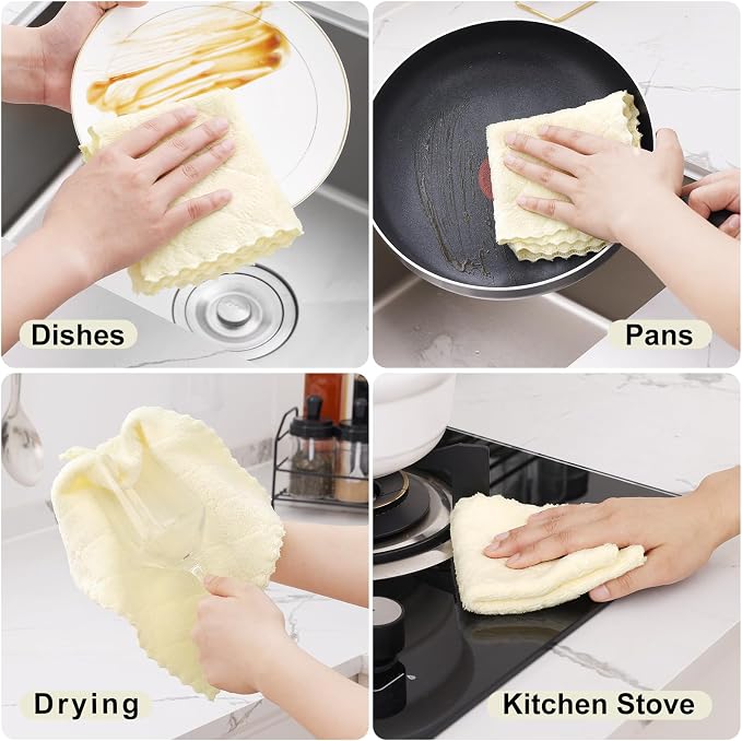 Homaxy 12 Pack Super Soft & Absorbent Dish Cloths, 10" x 10", Cream Yellow | Coral Velvet, Nonstick Oil Fast Drying Microfiber Cleaning Cloth, No Lint Household Dishcloths